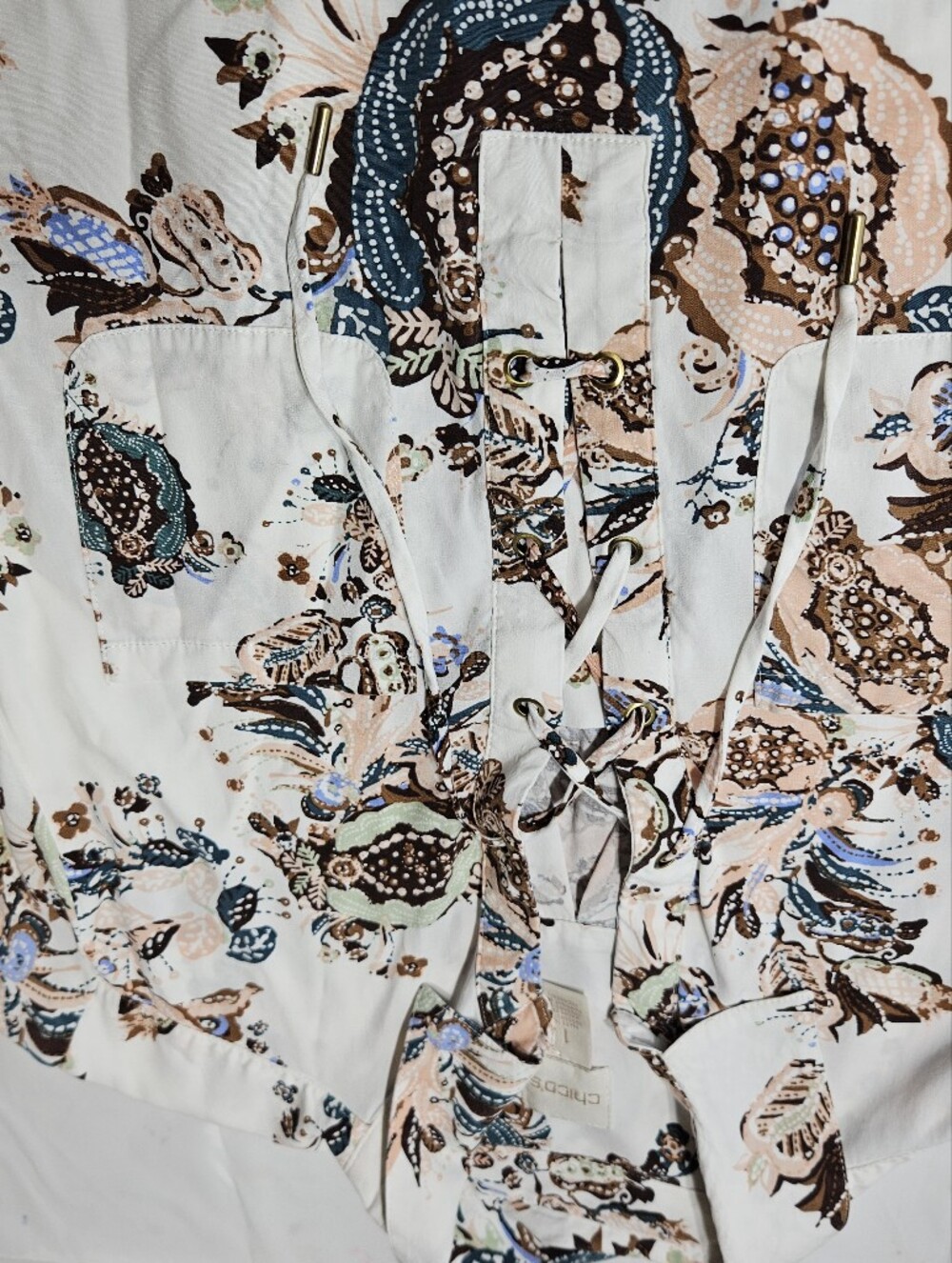 ByChico's Cream Floral Paisley Top Long Sleeve Accents Size 1 XL Women